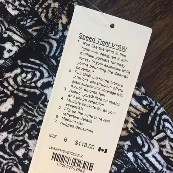 Lululemon Seawheeze 2017 Speed Tight V Leggings Black White Floral Print Size 6 - Picture 10 of 11